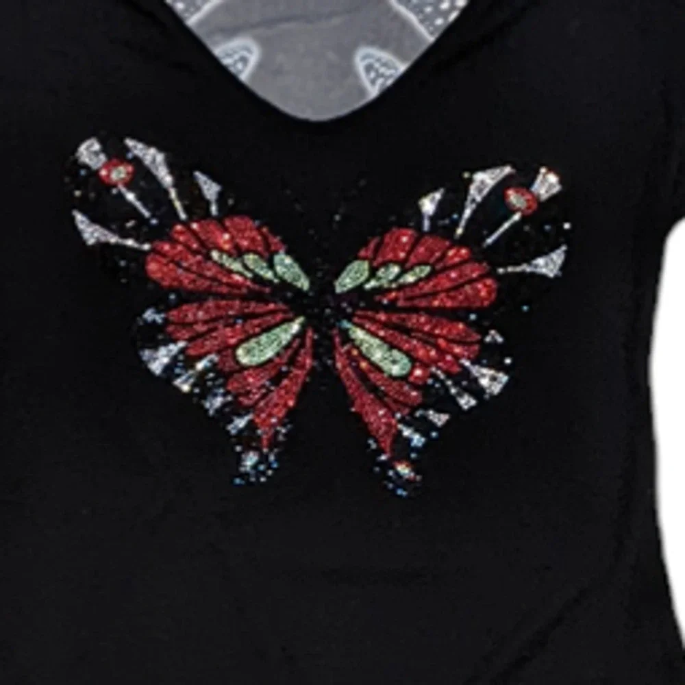 Vazzo Butterfly Shirt 90s Y2K Inspo Mesh Back Solid Front Rhinestone Butterfly M - Picture 3 of 8